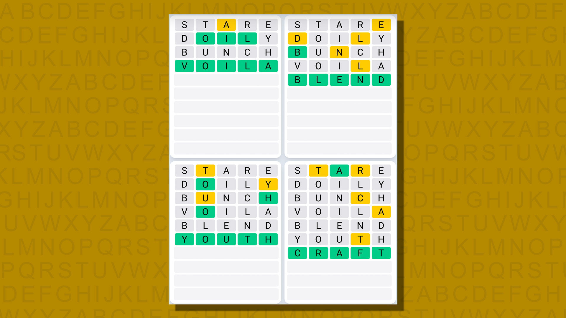 Ежедневная последовательность ответов Quordle для игры 728 на желтом фоне