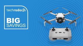 The DJI Mini 4 Pro drone with RC-N2 controller on a blue background with a TechRadar deals logo for big savings