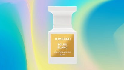 Tom Ford's Soleil Blanc perfume on a purple, yellow and blue abstract template