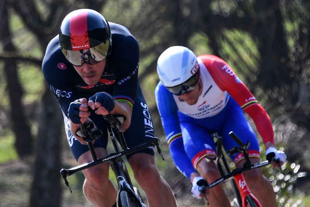 Team Ineos rider Australias Rohan Dennis L and Team GroupamaFDJ rider Lithuanias Ignatas Konovalovas R compete during the 3rd stage of the 79th Paris Nice cycling race a 144km individual timetrial from Gien to Gien on March 9 2021 Photo by AnneChristine POUJOULAT AFP Photo by ANNECHRISTINE POUJOULATAFP via Getty Images