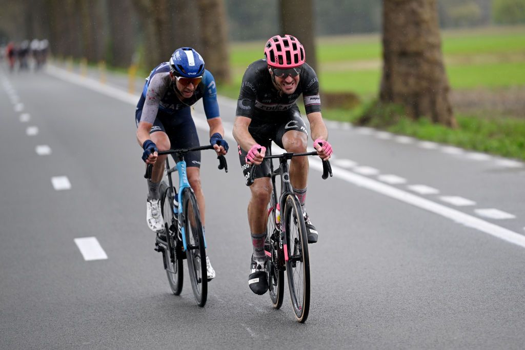 OUDENAARDE BELGIUM MARCH 31 LR Dylan Teuns of Belgium and Team Israel Premier Tech and Alberto Bettiol of Italy and Team EF Education EasyPost compete in the chase group during the 108th Ronde van Vlaanderen Tour des Flandres 2024 Mens Elite a 2708km one day race from Antwerpen to Oudenaarde UCIWT on March 31 2024 in Oudenaarde Belgium Photo by Dario BelingheriGetty Images