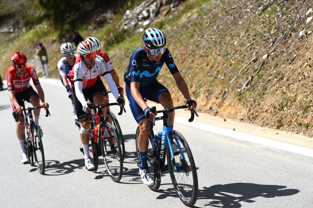 ZINAL VAL DANNIVIERS SWITZERLAND APRIL 30 scar Rodriguez Garaikoetxea of Spain and Movistar Team competes in the breakaway during the 75th Tour De Romandie 2022 Stage 4 a 1801km stage from Aigle to Zinal Val dAnniviers 1664m TDR2022 on April 30 2022 in Zinal Val dAnniviers Switzerland Photo by Dario BelingheriGetty Images