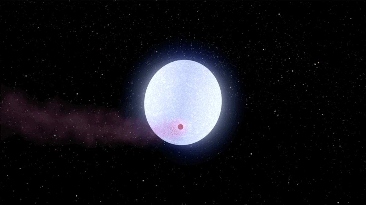This animated gif shows planet KELT-9b whizzing around its local star, leaving a smear of vapor behind it.