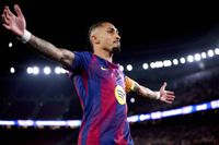 Raphinha of FC Barcelona reacts during the UEFA Champions League 2025/26 League Phase MD6 match between FC Barcelona and Eintracht Frankfurt at Spotify Camp Nou on December 09, 2025 in Barcelona, Spain.