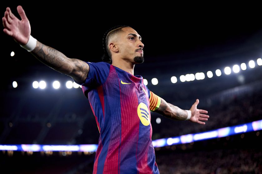 Raphinha of FC Barcelona reacts during the UEFA Champions League 2025/26 League Phase MD6 match between FC Barcelona and Eintracht Frankfurt at Spotify Camp Nou on December 09, 2025 in Barcelona, Spain.