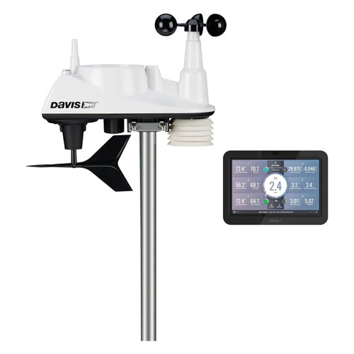 The Davis Vantage Vue weather station with home display unit on a white background.