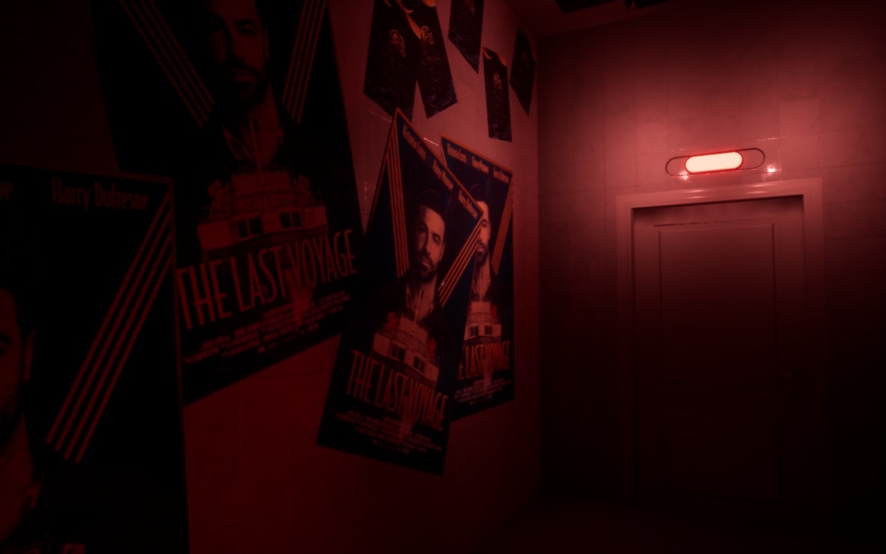 Dead Take screenshot of a red-lit corridor with film posters lining the walls