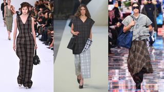 Composite image of models wearing plaid outfits from Acne, Tod's and Balenciaga SS25