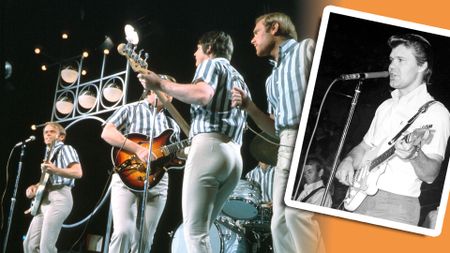 The Beach Boys on the Andy Williams TV Show in October 1965 and (inset) Glen Campbell playing a Stratocaster during a 1965 Beach Boys show