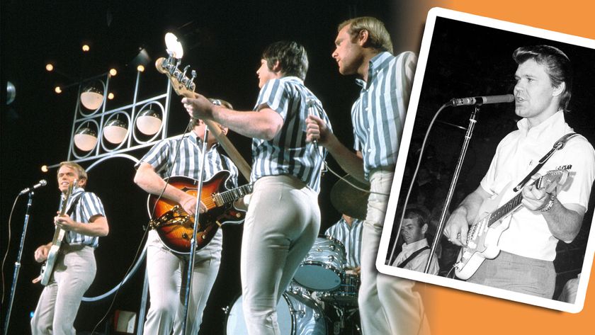 The Beach Boys on the Andy Williams TV Show in October 1965 and (inset) Glen Campbell playing a Stratocaster during a 1965 Beach Boys show