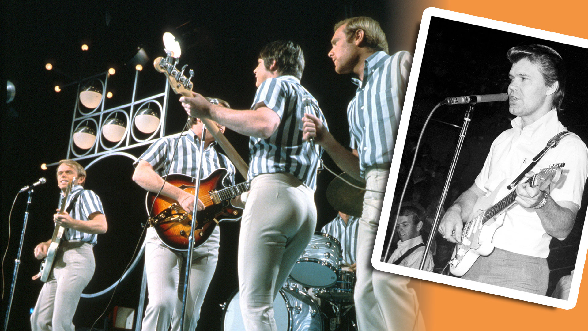 The Beach Boys on the Andy Williams TV Show in October 1965 and (inset) Glen Campbell playing a Stratocaster during a 1965 Beach Boys show
