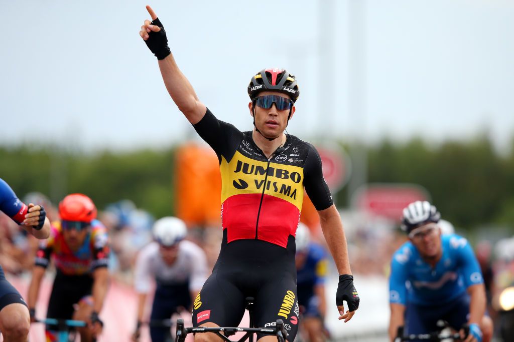 GATESHEAD ENGLAND SEPTEMBER 10 Wout Van Aert of Belgium and Team Jumbo Visma celebrates winning during the 17th Tour of Britain 2021 Stage 6 a 198km stage from Carlisle to Gateshead TourofBritain TourofBritain on September 10 2021 in Gateshead England Photo by Alex LiveseyGetty Images