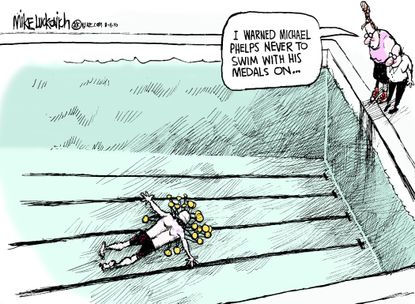 Editorial cartoon World Michael Phelps swimming gold medals drowned Rio Olympics