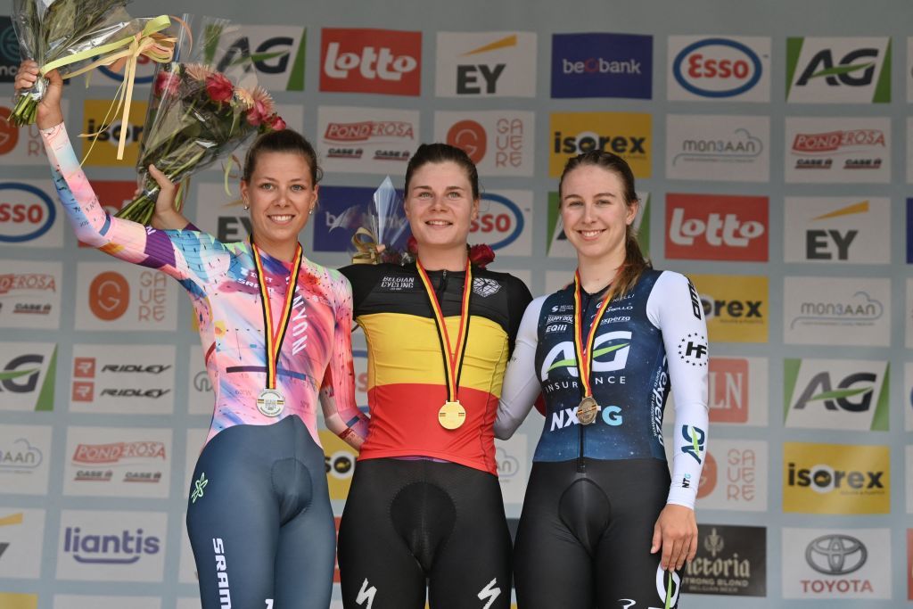 Belgian Shari Bossuyt of CanyonSRAM winner of the silver medal Belgian Lotte Kopecky of SD Worx winner of the gold medal and Belgian Britt Knaven of AG Insurance NXTG team winner of the bronze medal pictured on the podium of the womens elite individual time trial race of 23km at the Belgian championships in Gavere Thursday 23 June 2022BELGA PHOTO DAVID STOCKMAN Photo by DAVID STOCKMAN BELGA MAG Belga via AFP Photo by DAVID STOCKMANBELGA MAGAFP via Getty Images