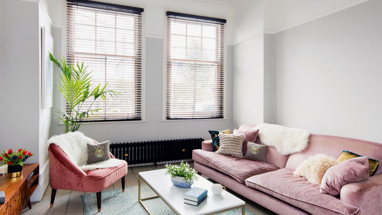 Living room with pink sofa and blinds