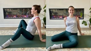 Two images side by side of a woman exercising in domestic setting. She is wearing green leggings and sleeveless gray top.