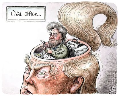 Political Cartoon U.S. Stephen Bannon steers President Trump