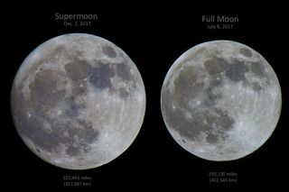 New York City-based astrophotographer Gowrishakhar ("Gowri") Lakshminarayanan captured both these images of the supermoon on Dec. 3, 2017, and a regular full moon in July, then created this infographic to compare the difference in size side by side.