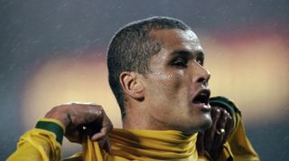 28 Apr 1999: Rivaldo of Brazil celebrates during a match against Barcelona to commemorate the club's centenary at the Nou Camp in Barcelona, Spain. \ Mandatory Credit: Phil Cole /Allsport
