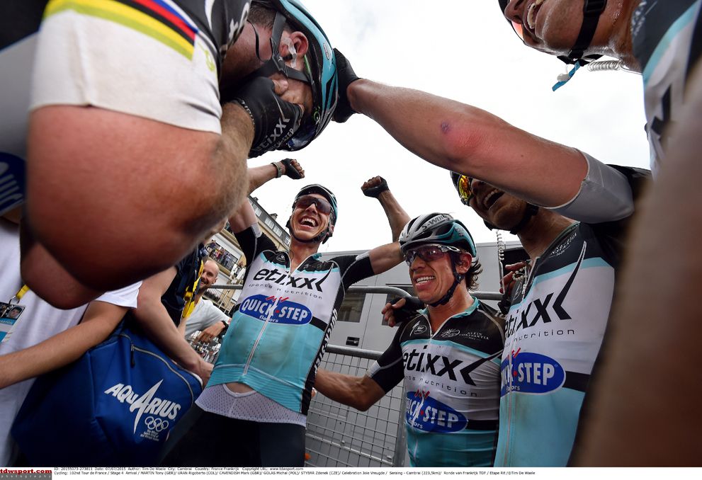 Etixx Quicktep rejoice after their stage win on the cobbles