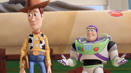 Buzz and Woody, the two heroes, one space man and the other a cow boy, from the Pixar/Disney animated classic franchise Toy Story. 