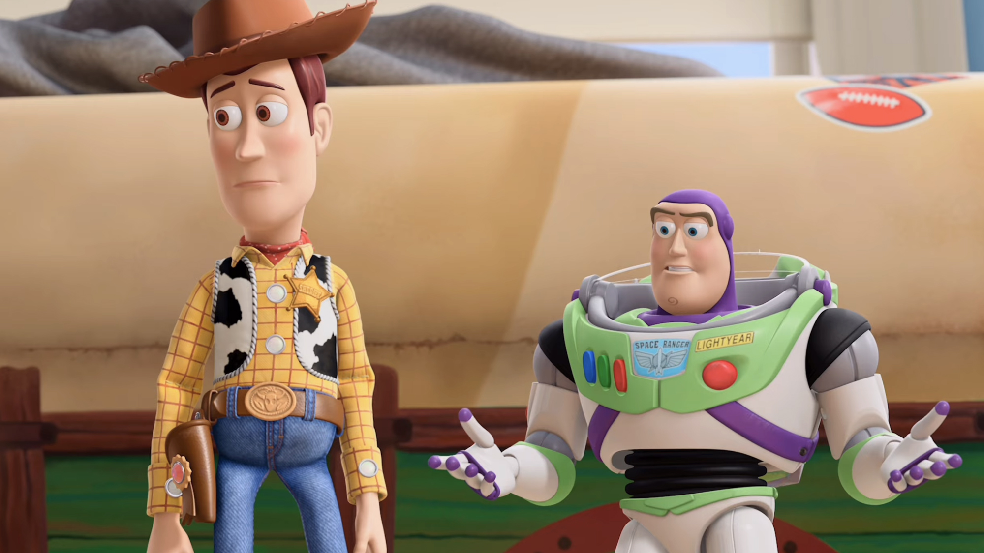 Buzz and Woody, the two heroes, one space man and the other a cow boy, from the Pixar/Disney animated classic franchise Toy Story.