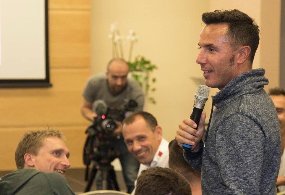 Joaquim Rodr&iacute;guez introduces himself to staff and teammates at the first Bahrain Merida camp