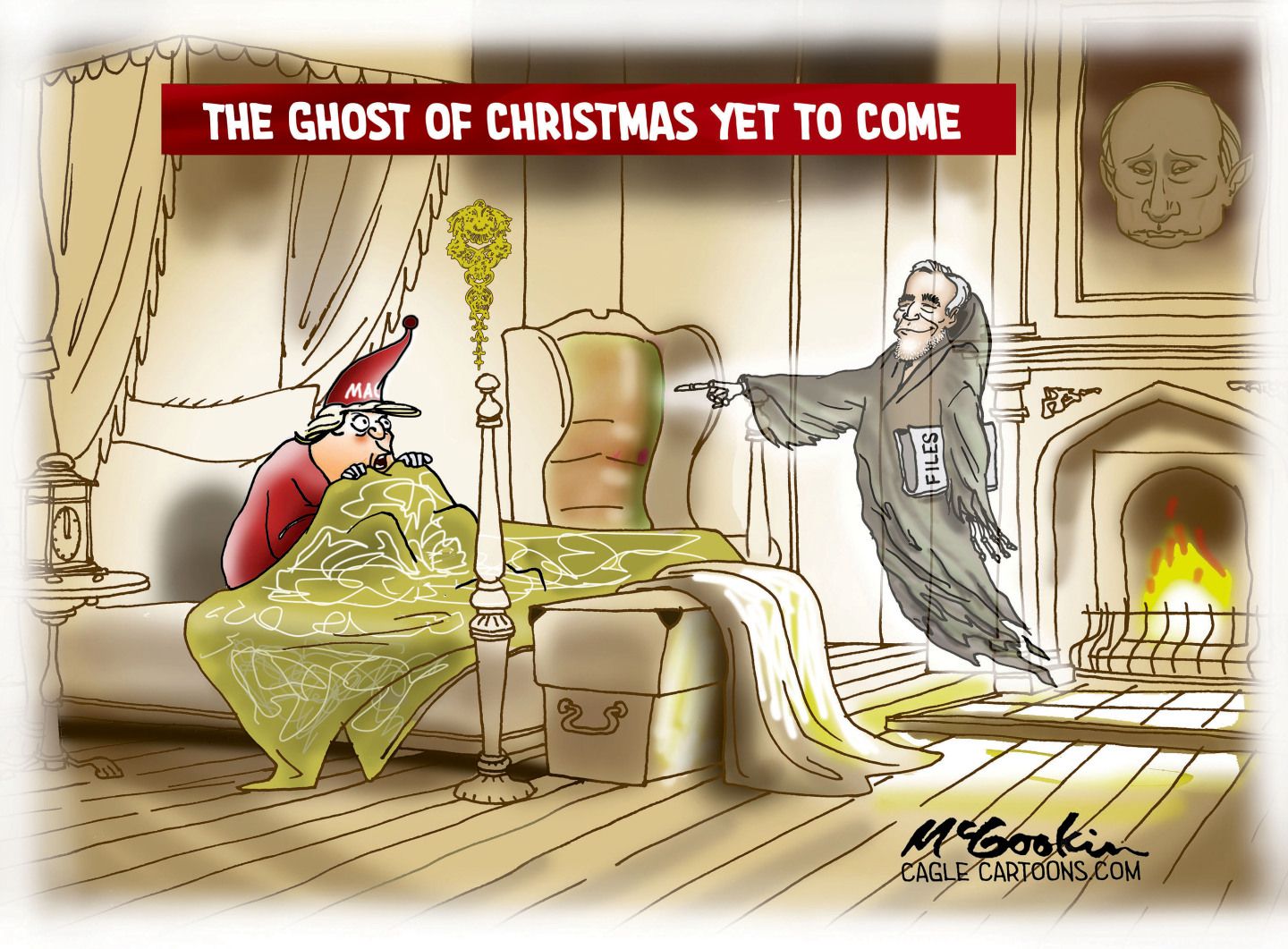 
                                This cartoon is titled “The Ghost of Christmas Yet to Come” and is set in Donald Trump’s bedroom. Trump is pictured as a Scrooge-like character hiding under his covers from the ghost of Jeffrey Epstein, who flies toward Trump with a smirk on his face pointing a finger and carrying a stack of files. A portrait of Putin hangs above a fireplace.
                            