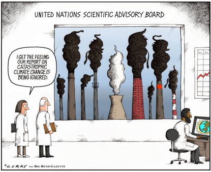 Political carton U.S. climate change report ignored United Nations scientific advisory board Trump