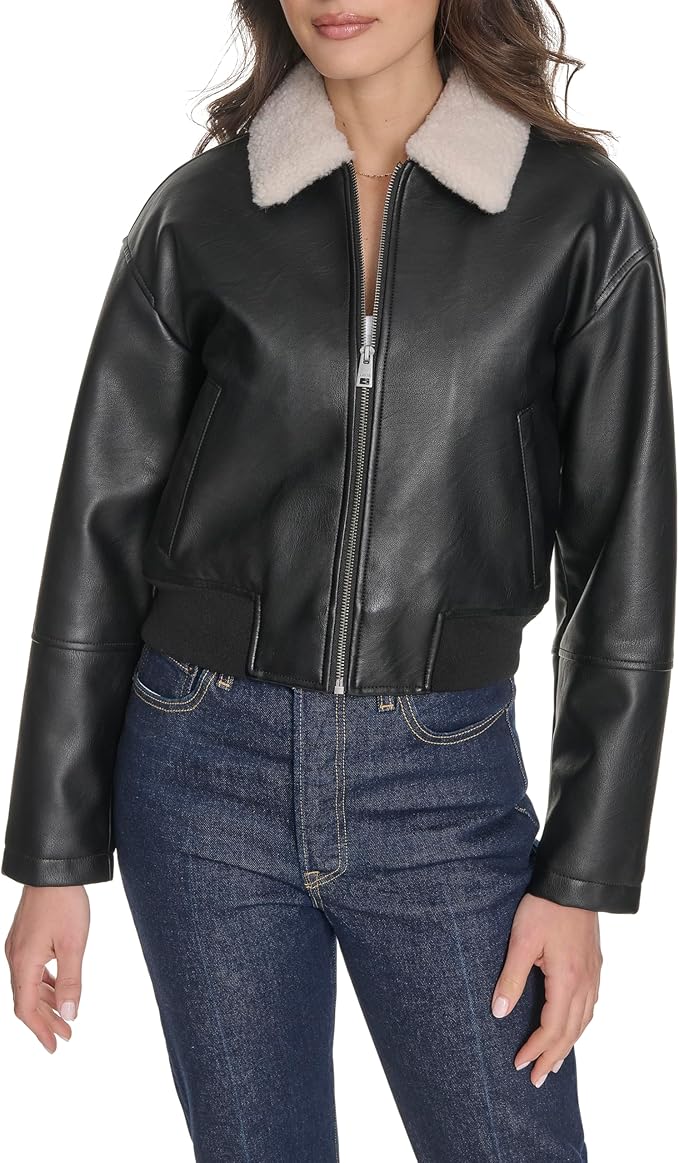 Levi's, Levi's Women's Faux Leather Bomber With Laydown Collar, Black Sherpa Collar, Small
