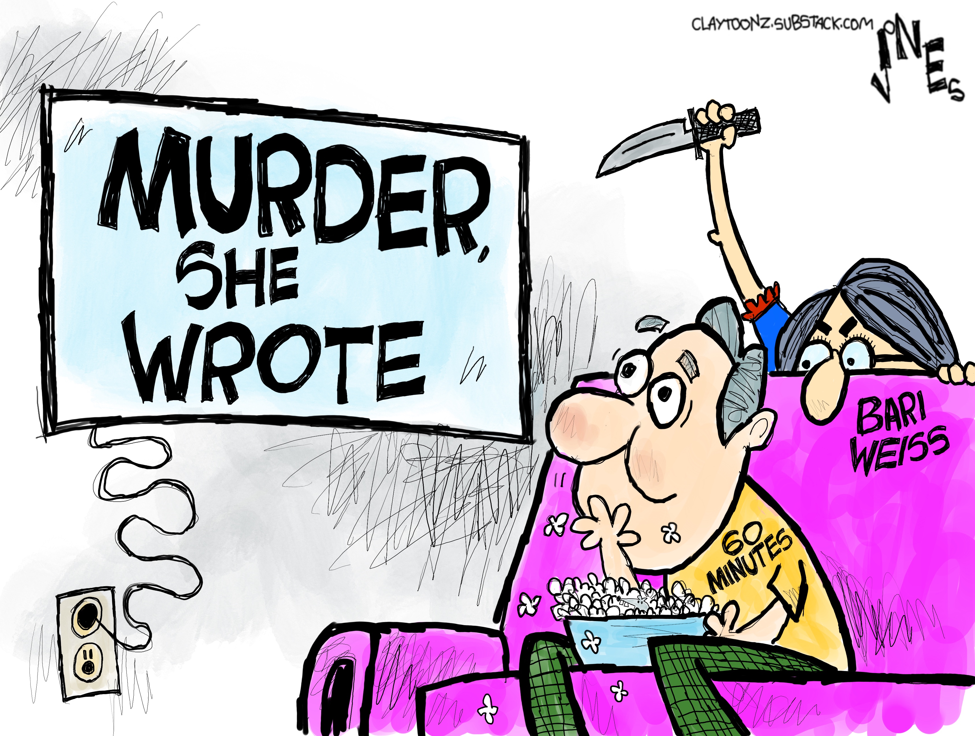 Scott Pelley wears a &amp;ldquo;60 Minutes&amp;rdquo; T-shirt and sits on a couch as he eats popcorn and watches &amp;ldquo;Murder, She Wrote&amp;rdquo;. Meanwhile, Bari Weiss hides behind the couch behind Pelley and is about to stab him in the back with a wicked-looking knife.
