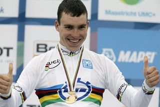 An ecstatic Anton Vorobyev (Russian Federation) celebrates his U23 time trial world title on the podium.