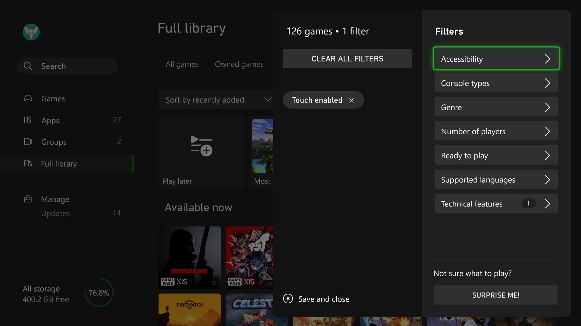 Imagen de las opciones de filtro de Xbox