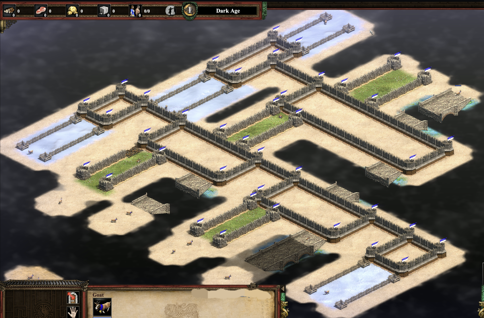 Age of Empires 2 palisade walls and goats set up to function as a NAND gate.