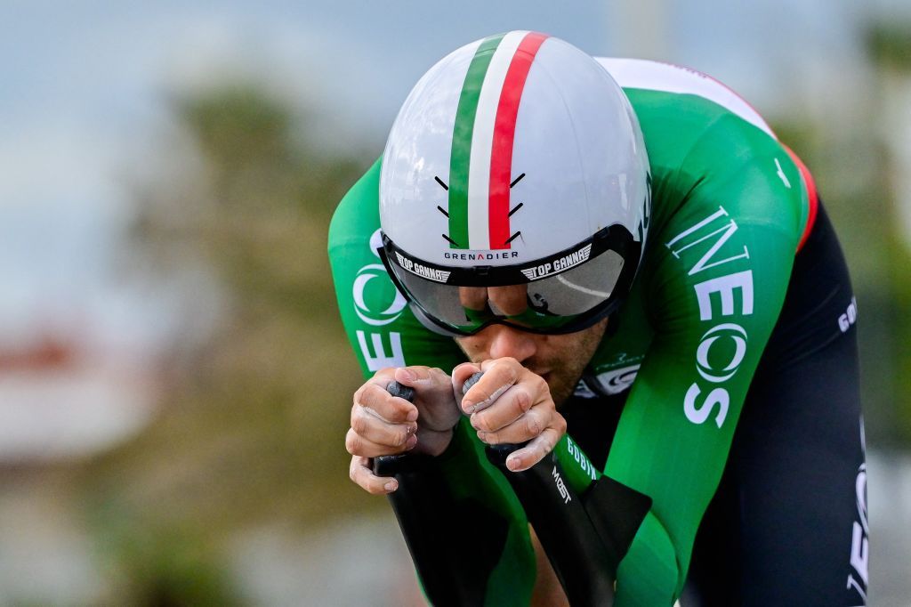 Italian Filippo Ganna of Ineos Grenadiers pictured in action during the first stage of the Tirreno-Adriatico cycling race, a 10km individual time trial in Lido di Camaiore, Italy, Monday 04 March 2024. BELGA PHOTO DIRK WAEM (Photo by DIRK WAEM / BELGA MAG / Belga via AFP)