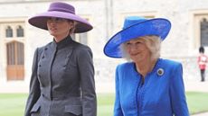 US First Lady Melania Trump and Queen Camilla are seen during the ceremonial welcome during the State visit by the President of the United States of America on September 17, 2025