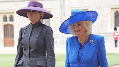 US First Lady Melania Trump and Queen Camilla are seen during the ceremonial welcome during the State visit by the President of the United States of America on September 17, 2025