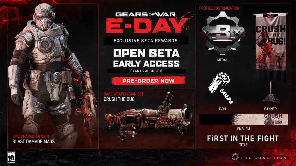 Promotional graphic for Gears of War: E-Day showing a soldier character, weapon skin, medal, banner, icon, and emblem as exclusive open beta rewards.