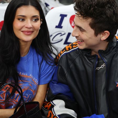 Kylie Jenner and actor Timoth&eacute;e Chalamet attend Game Four of the NBA Eastern Conference Finals between the Cleveland Cavaliers and the New York Knicks at Rocket Arena on May 25, 2026 in Cleveland, Ohio. 