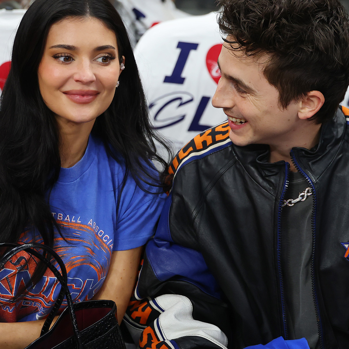 Kylie Jenner and actor Timoth&eacute;e Chalamet attend Game Four of the NBA Eastern Conference Finals between the Cleveland Cavaliers and the New York Knicks at Rocket Arena on May 25, 2026 in Cleveland, Ohio. 