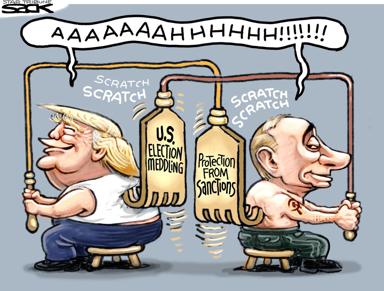 Political cartoon U.S. Trump Russia sanctions 2016 election meddling