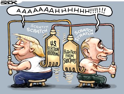 Political cartoon U.S. Trump Russia sanctions 2016 election meddling