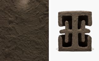 Two side-by-side photos of a clay totem by Carl Emil Jacobsen for the Mindcraft exhibition. The first photo is a close up of the totem showing the texture and the second photo shows the entire totem