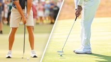 How to grip a putter: Tiger Woods and Bryson DeChambeau using different styles of putting grip on the green