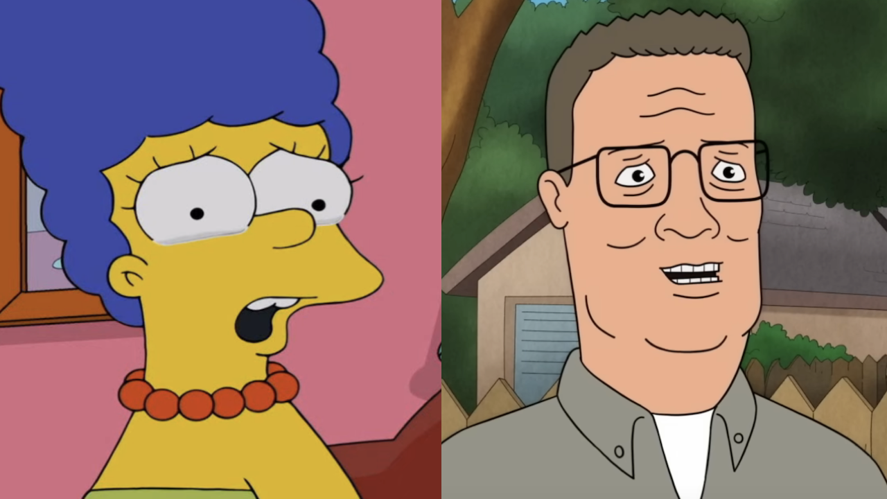 Side by side: Marge Simpsons crying from The Simpsons; Hank Hill smiling in King of the Hill