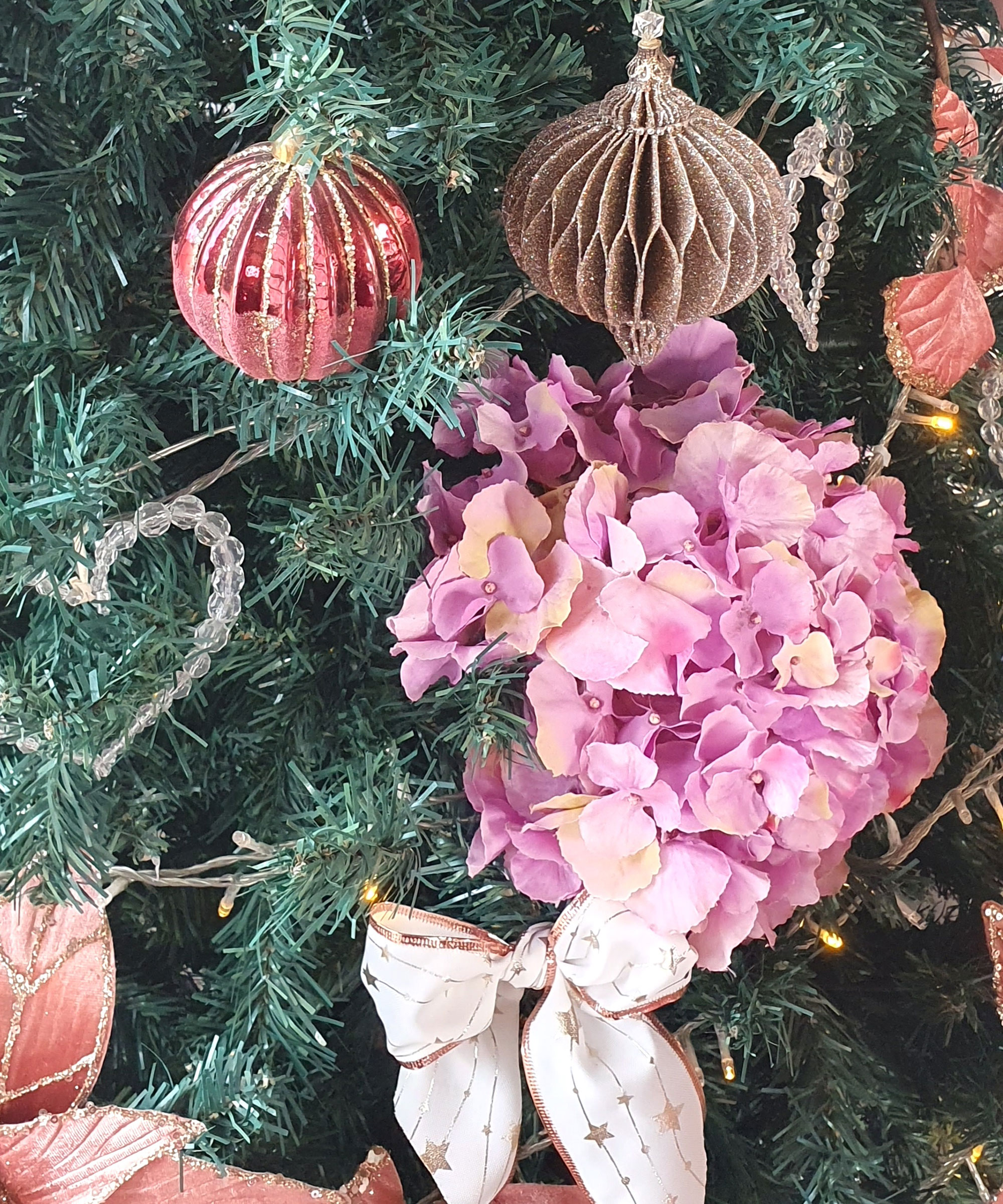 Christmas tree with dried hydrangea flowers