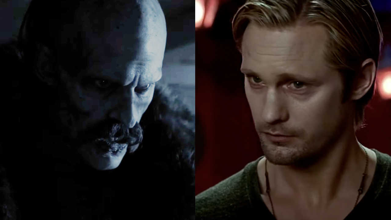 Bill Skarsgard as the terrifying and mustachioed Count Orlok in Nosferatu (2024), Alexander Skarsgard looking enticing as Eric Northman in HBO&#039;s True Blood. 