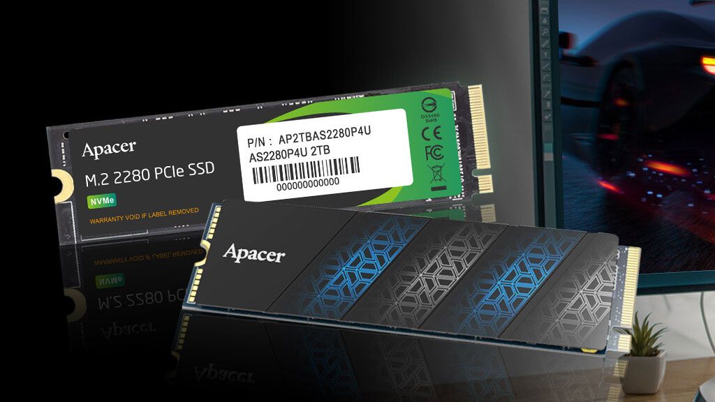 Apacer AS2280PRU and AS2280P4U Pro SSDs in front of a gaming monitor.