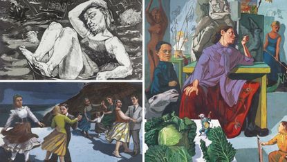 Clockwise from top left: Paula Rego’s ‘Flood’ (1996), ‘The Artist in Her Studio’ (1993) and ‘The Dance’ (1988)