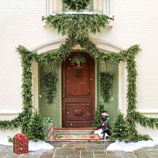 Front porch door foliage garland door mat holidays christmas